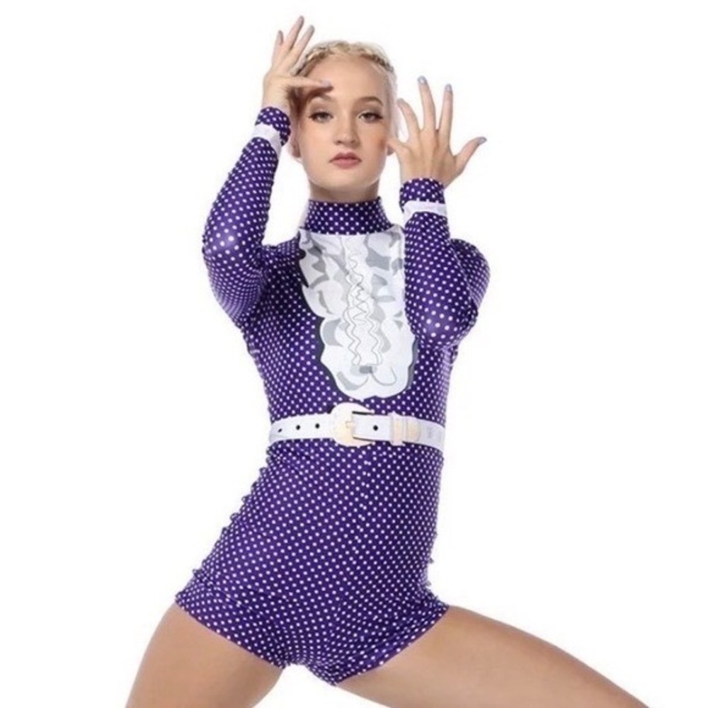 Alexandra collection Purple Polka Dot Western Trompe L'oeil Leotard Adult XS